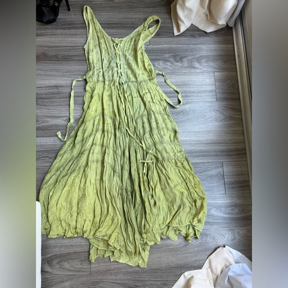 Mamta vintage bohemian gothic Light Green corset Lace-Up Midi Dress fairy